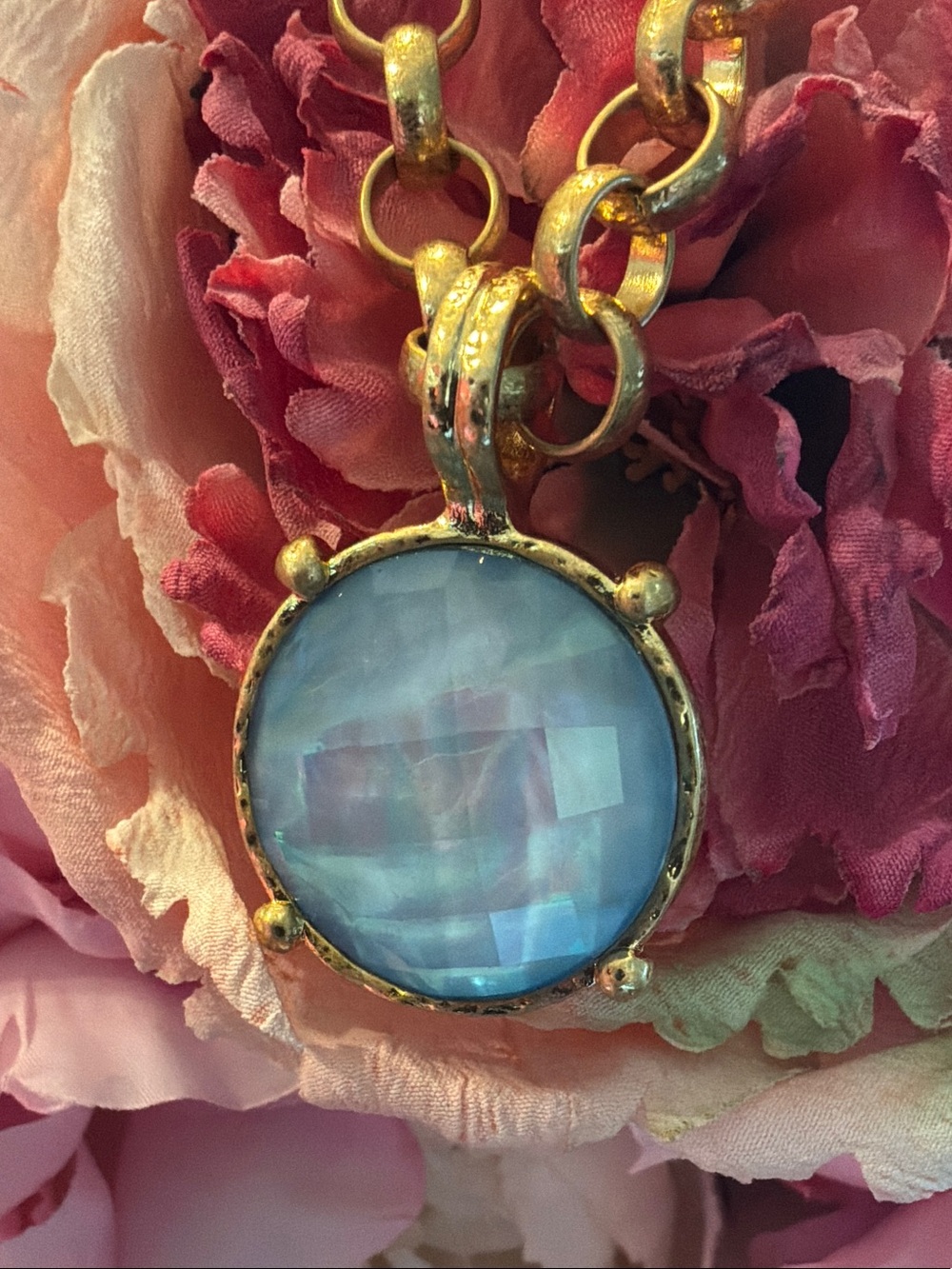 Gold Pendant Necklace with Blue Faceted Stone - Women Jewelry
